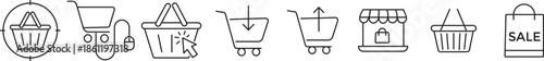Shopping cart icon set. E-commerce and online purchase symbols. retail, web store, delivery, sales promotion, and cust