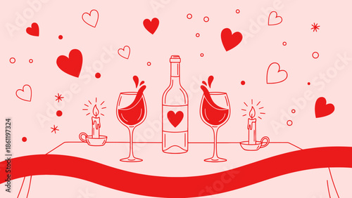 Romantic dinner setup with wine and candles on a decorated table.