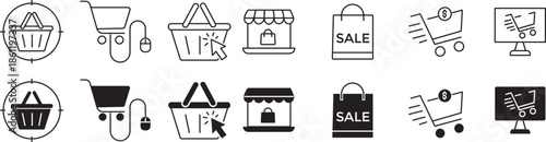 Shopping cart icon set. E-commerce and online purchase symbols. retail, web store, delivery, sales promotion, and cust