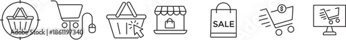 Shopping cart icon set. E-commerce and online purchase symbols. retail, web store, delivery, sales promotion, and cust