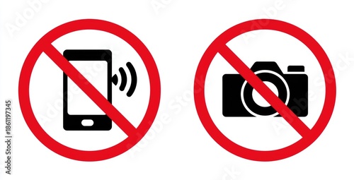 Two red prohibition signs.  One displays a phone with a signal, the other a camera.  Indicates no cell phone use, no photography