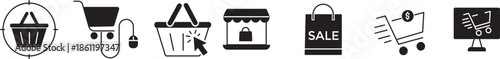 Shopping cart icon set. E-commerce and online purchase symbols. retail, web store, delivery, sales promotion, and cust