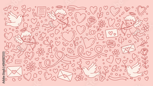 Valentines Day seamless pattern with hearts and love symbols.