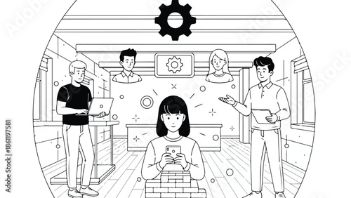 Line art illustration of business team collaboration and strategy development, with a central woman using a smartphone and financial stacks.