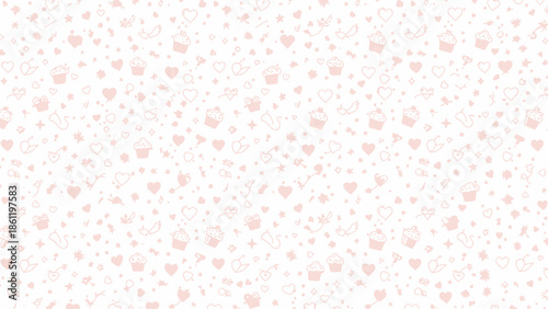 Seamless light pink pattern with delicate hearts and cupcakes, creating a sweet and romantic background for various design projects.
