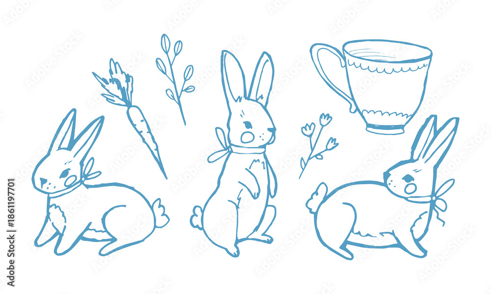 Obraz premium Cute blue line art bunny set with rabbits in different poses, bow ties, carrot, mug and floral branches. Hand drawn outline illustration for nursery decor, kids prints, cards, packaging and branding.