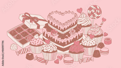An assortment of delightful pink and brown desserts, including a heart-shaped cake, cupcakes, chocolates, and candies, perfect for a sweet celebration.
