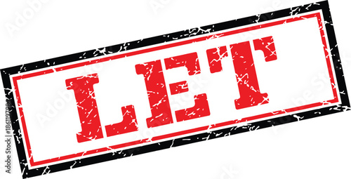 A distressed red stamp with the word let boldly displayed within a black bordered rectangle