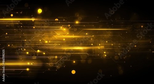 Abstract digital circuit board with glowing lines and bokeh effects on a black background