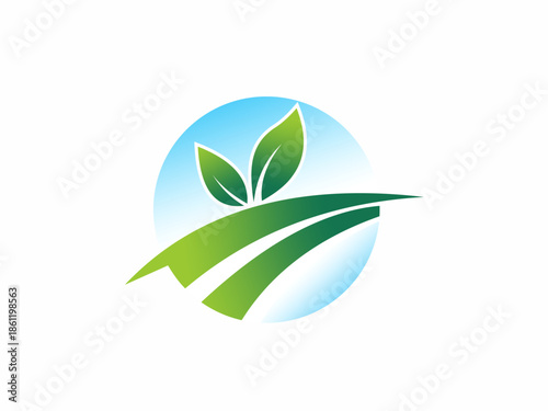 Green Agriculture Leaf Logo with Path and Blue Sky Circle.