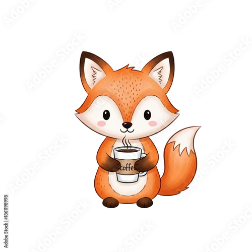A cute cartoon fox holding a coffee cup on transparent background