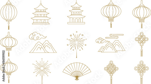 Elegant Chinese icons set with lanterns and pagodas