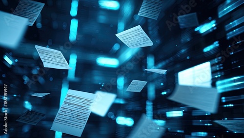 Digitized documents drift in a futuristic, abstract, glowing blue-toned cyberspace