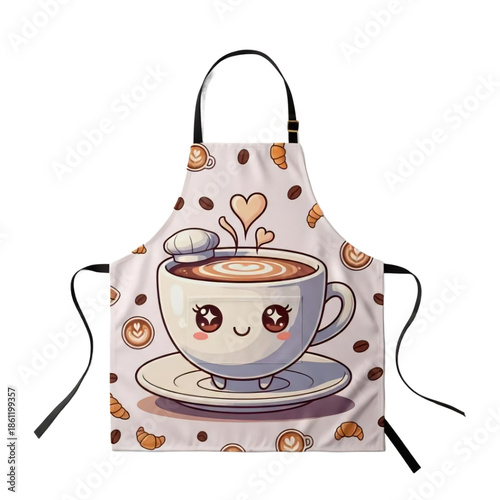 A colorful cartoon apron with a cute coffee cup design on transparent background
