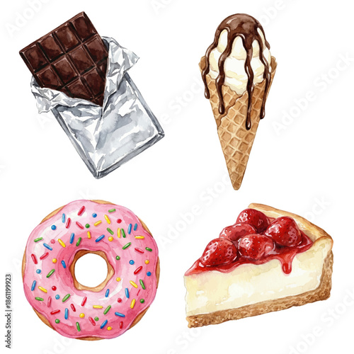 Watercolor dessert set with donut ice cream chocolate and cheesecake vector isolated