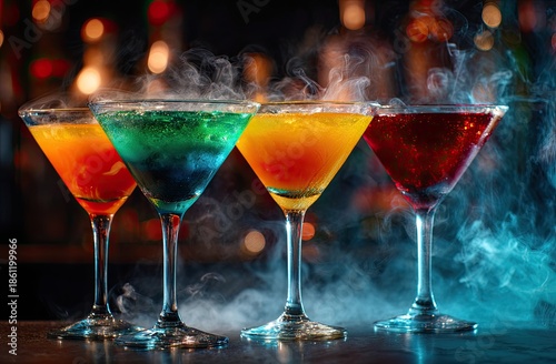 Four vibrantly colored cocktails with wisps of vapor, illuminated bar setting