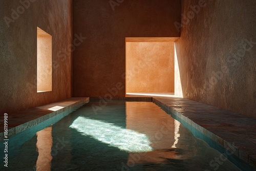 Interior perspective of a rectangular pool with sunlight streaming through doorways