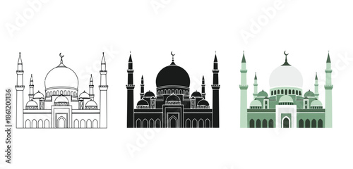 Mosque Designs in Three styles vector set line art, silhouette and color version for Islamic Design, App UI, Posters and Branding	