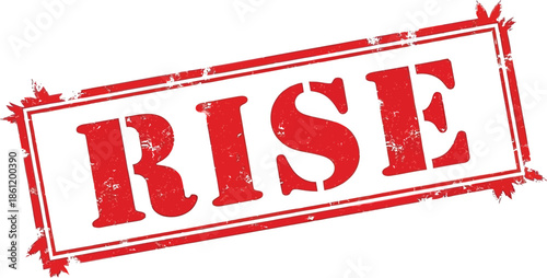 A striking red rectangular stamp with the word rise boldly displayed in white signifying encouragement