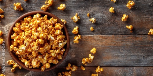 Aerial view of a bowl of caramel-coated puffed grains, scattered on a rustic wooden surface