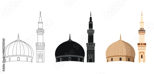 Minaret in Three styles vector set line art, silhouette and color version for Islamic Design, App UI, Posters and Branding	