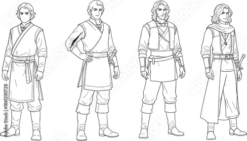 Four fantasy characters in various medieval inspired costumes and poses