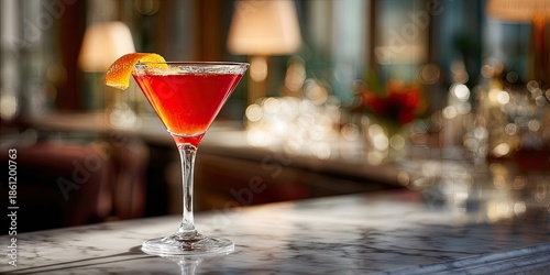 A vibrant red cocktail with an orange peel garnish sits on a marble countertop