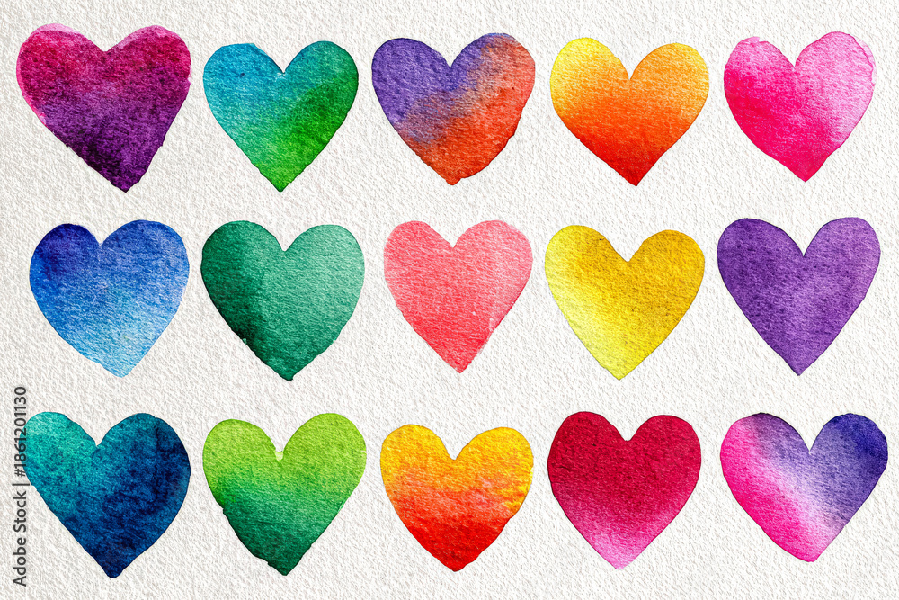 Fototapeta premium Colorful Watercolor Hearts Pattern for Art Projects
