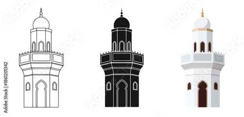 Minaret in Three styles vector set line art, silhouette and color version for Islamic Design, App UI, Posters and Branding	