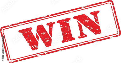 A rectangular red stamp displaying the word win in bold distressed white lettering isolated on a white background