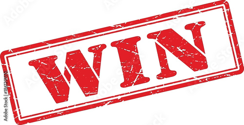 A striking red rubber stamp boldly declares win with a distressed textured appearance on a white background