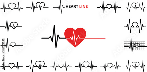 Heart rate monitor graphics and heartbeat line icons