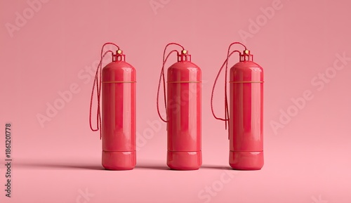 Three identical fire extinguishers on a uniform pink background, minimal aesthetic