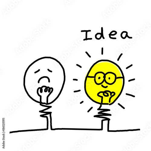 Light bulb idea , hand drawn , icon cartoon , white background