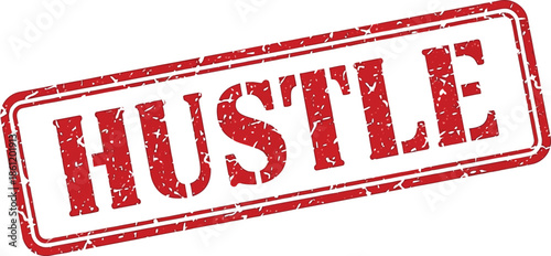 A rectangular red stamp displaying the word hustle in bold white letters against a distressed background