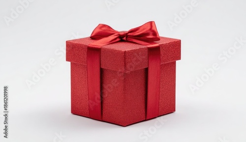 A square red gift box with a matching ribbon and bow, on a plain white background