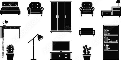 Modern home furniture icons in black and white