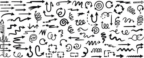 rrow collection on checkered paper sheet. Hand drawn crayon various arrows, curved, wavy and straight lines. Direction pointers for notes, doodle and school design. Playful emphasis elements