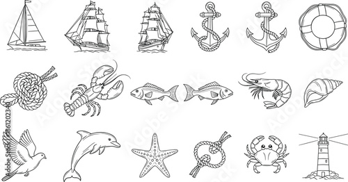 Nautical icons set with ships, anchors, sea creatures and lighthouses