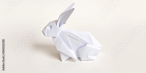 Folded origami rabbit, white paper, simple design, intricate details, craft, hobby,   close-up,  animal