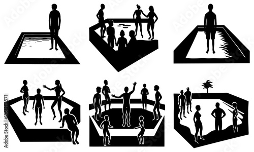 Group of People Silhouettes in Various Pool and Water Scenes on White Background