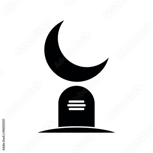 Islamic crescent moon over a tombstone.
