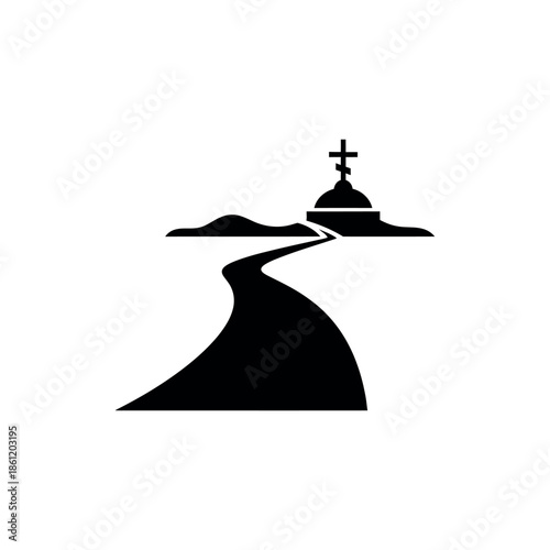 Path leading to a church with a cross on top symbolizing a spiritual journey or pilgrimage.