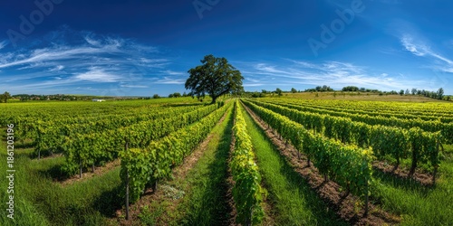 Panoramic view of a lush vineyard with rows of grapevines under a vibrant blue sky