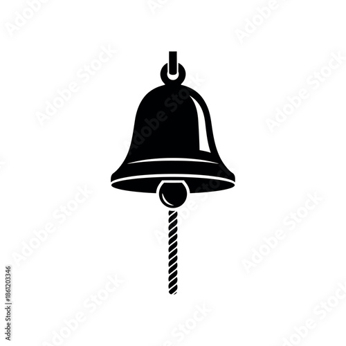Simple black silhouette of a hanging bell with a rope puller.