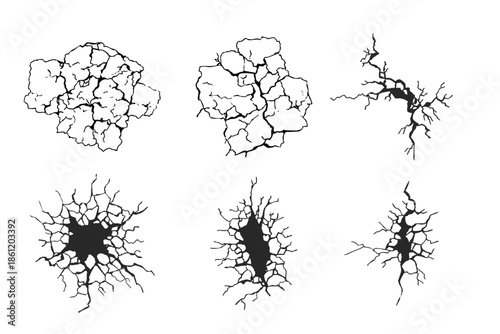 Crack concrete wall texture, floor ground broken effect. Horizontal breaks on land surface. Dry soil. Damaged by earthquake fissure and fracture.