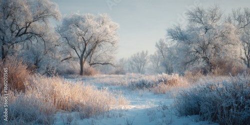 Wallpaper Mural A serene winter scene with frosted trees and golden-lit grass in a snow-covered field Torontodigital.ca