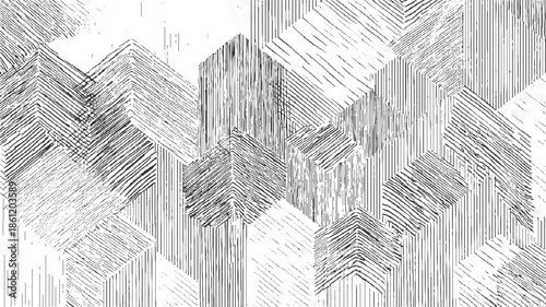 Black and white abstract geometric pattern with hatched cubes and lines