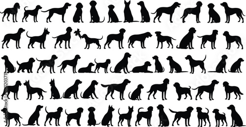 Dog breed silhouettes, black and white illustration, sitting and standing poses, canine diversity, pet posture, animal shape reference