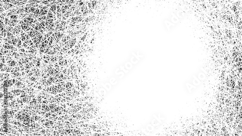 Black and white abstract pattern of tangled lines and dots fading to white background texture